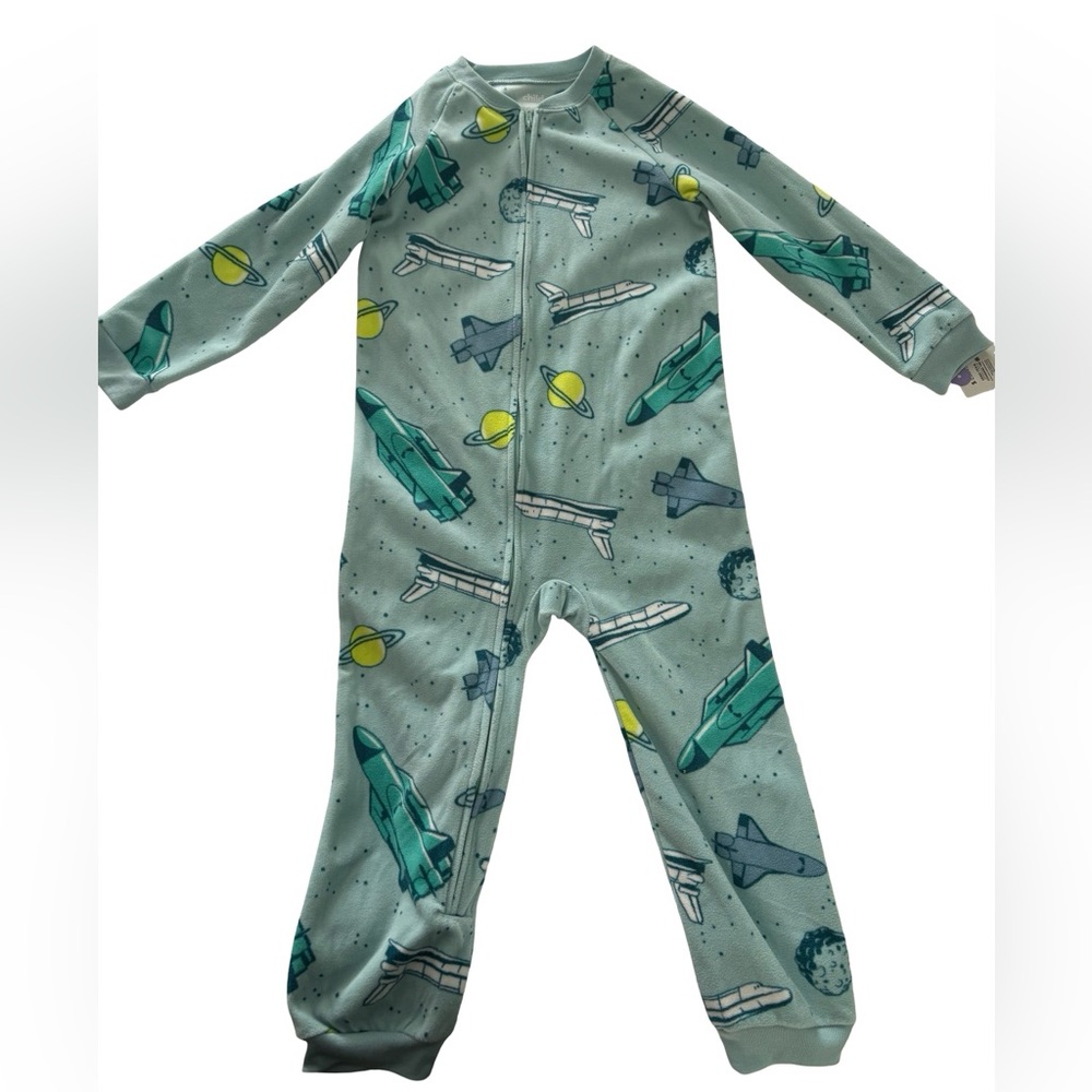 Child of Mine Space Adventure fleece Footie - Green and Yellow